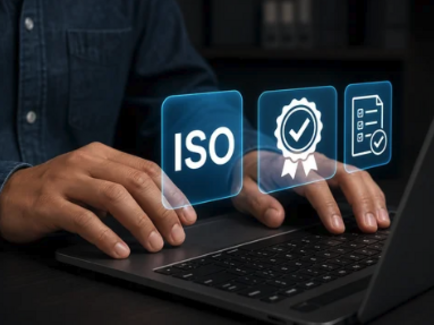 igital icons representing ISO certification and compliance